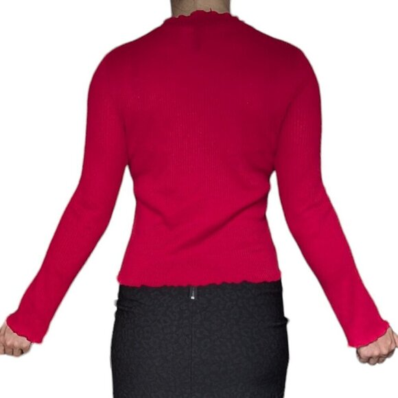 HM Red  Ribbed Long Sleeve Party Top With Frilled Neckline and Sleeves Women M - Picture 3 of 8